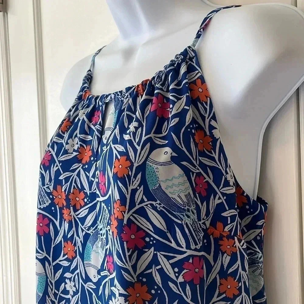 Old Navy Dress Long Women Small Bird‎ Floral Print Blue Sleeveless Lined Cottage